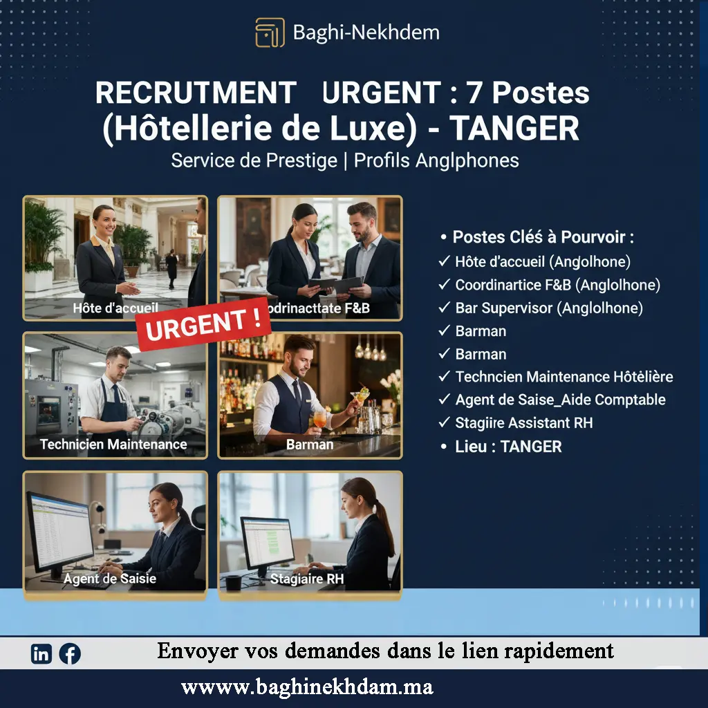 Recrutement urgent 7 Postes Hôtellerie Luxe Tanger Hôte F&B Technicien Maintenance Anglophone