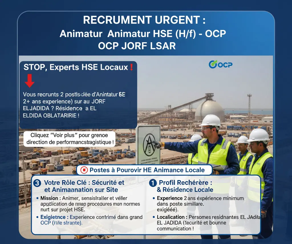 Animateur HSE Urgent (H/F) - OCP Jorf Lasfar (El Jadida) : Sécurité Industrielle (2+ ans exp.)