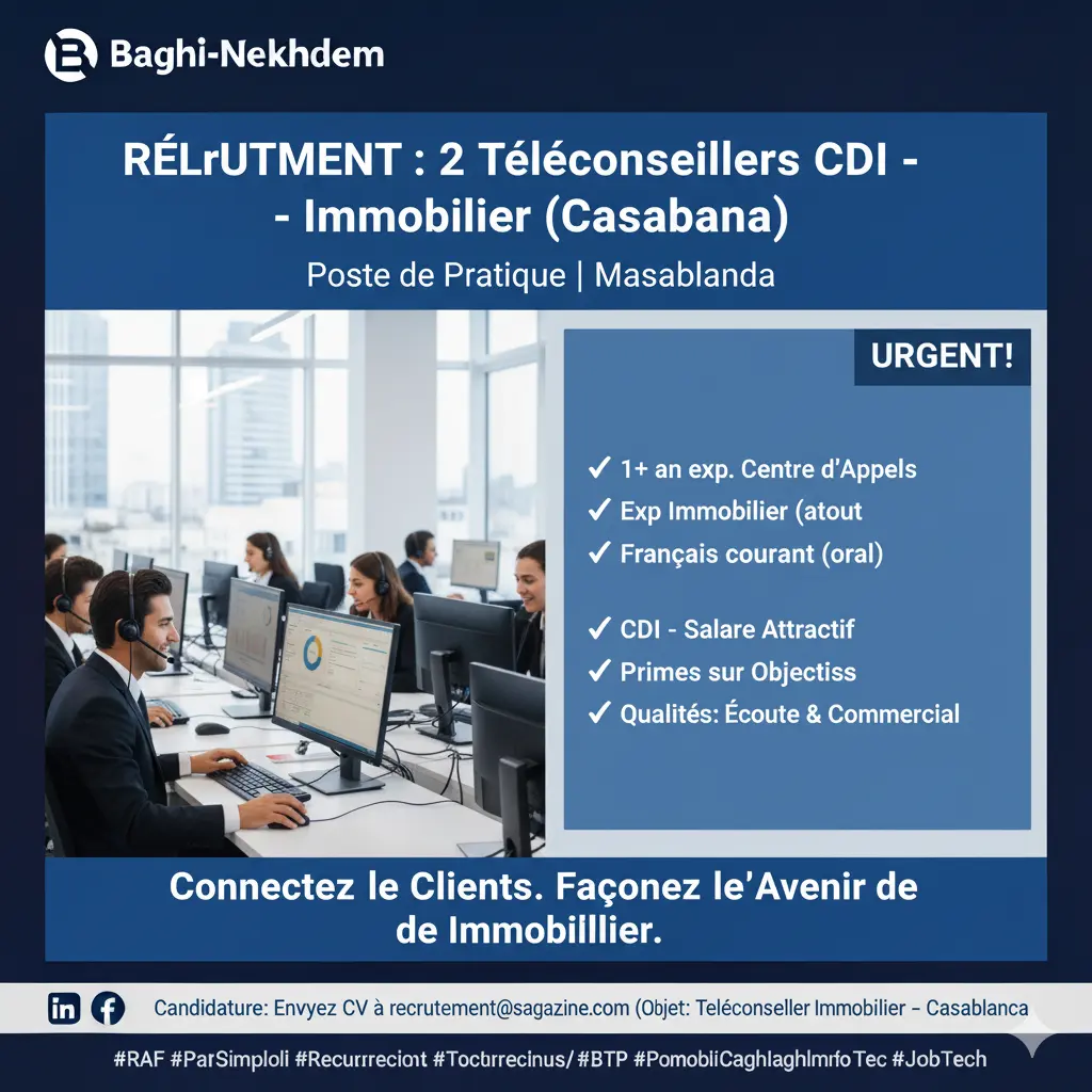 Recrutement 2 Téléconseillers CDI Casablanca Immobilier Centre d'Appels Vente Relation Client