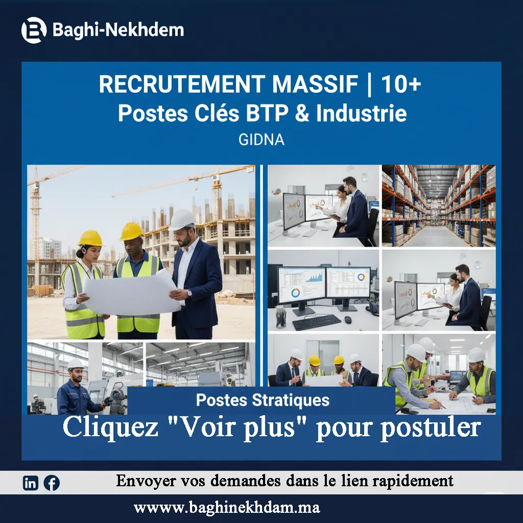 Recrutement massif GIDNA BTP Industrie Ingénieur Études Chargé Affaires Chef Chantier Gros Œuvre Qualité