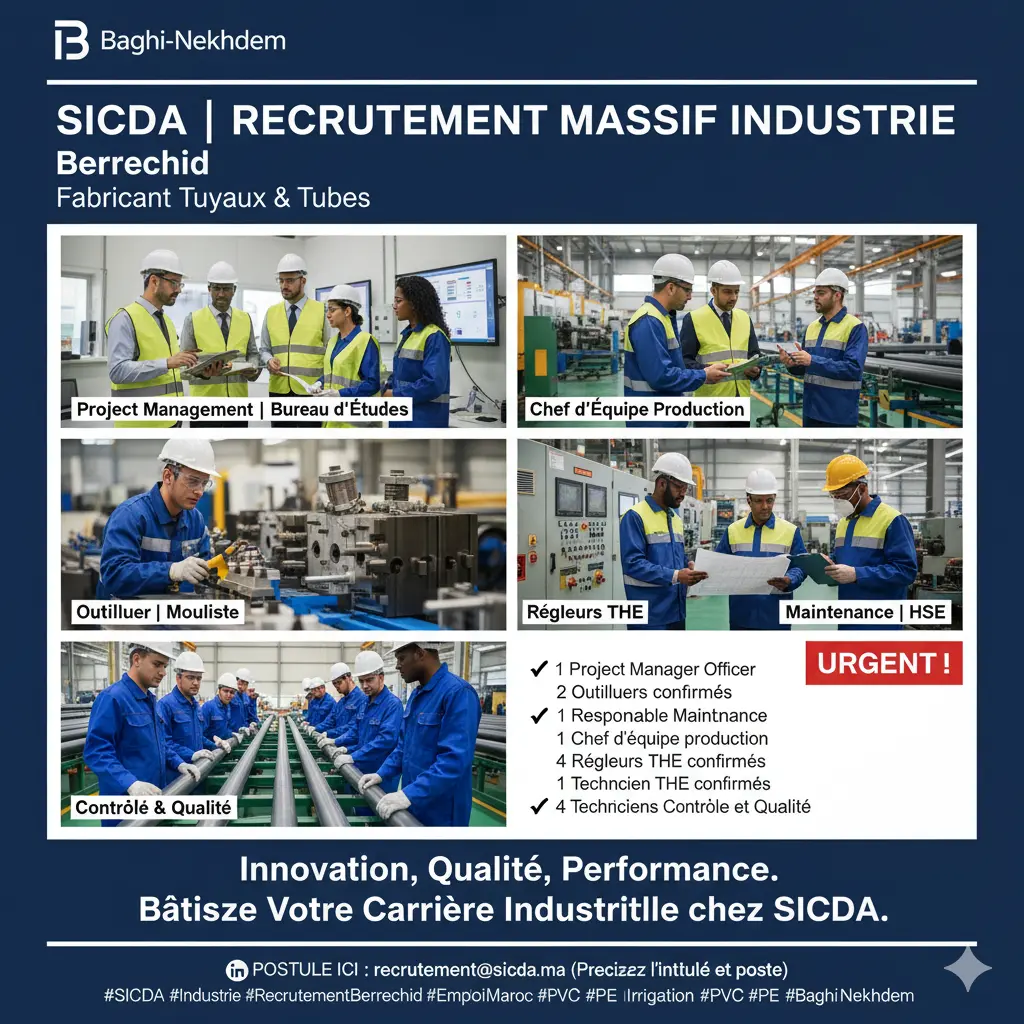 Recrutement massif SICDA Berrechid Industrie PVC PE PMO Outilleur Responsable Maintenance Qualité