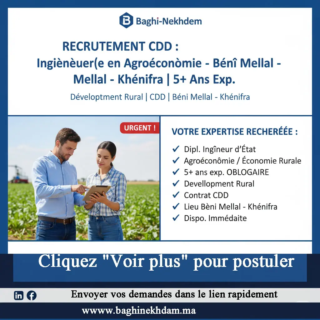 Recrutement Ingénieur Agroéconomie CDD Béni Mellal Khénifra Développement Rural 5 ans expérience