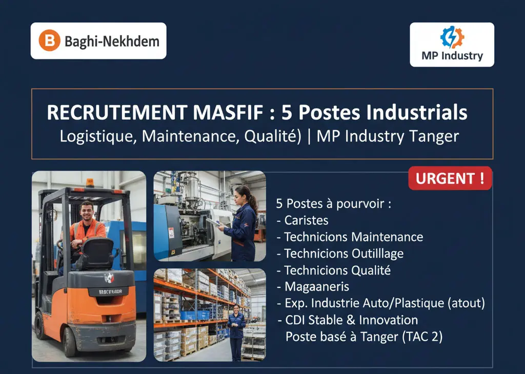 Recrutement Massif MP Industry Tanger Injection Plastique Automobile Cariste Technicien Maintenance Qualité Magasinier