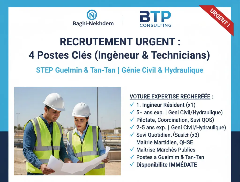 Ingénieur et Technicien BTP sur un chantier de construction d&#39;une Station d&#39;Épuration des Eaux Usées (STEP) à Guelmim ou Tan-Tan, portant un casque de sécurité et consultant des plans de génie civil et d&#39;hydraulique. L&#39;image illustre le suivi urgent du projet REUS.