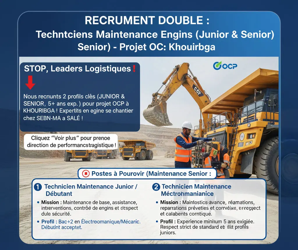 Techniciens Maintenance Engins (Junior &amp; Senior) – Khouribga, Projet OCP (Méca/Électroméca)