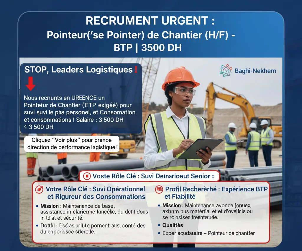 Pointeur(se) de Chantier Urgent (H/F) - BTP/Travaux Routiers : Suivi Personnel &amp; Matériaux (3500 DH)