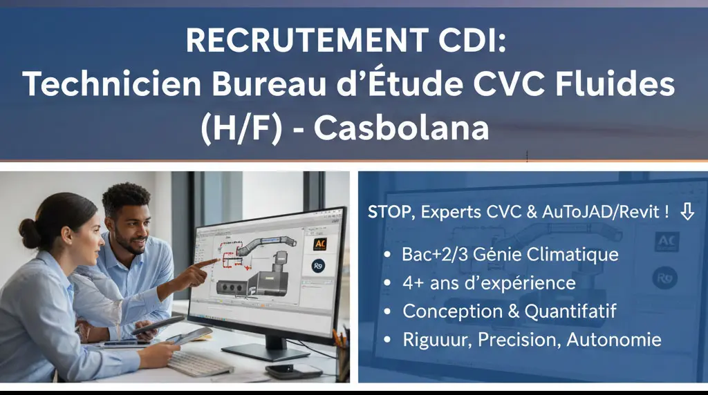 Technicien Bureau d&#39;Étude CVC Fluides CDI à Casablanca (4+ ans exp.) : Maîtrise AutoCAD &amp; Revit